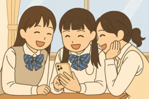 iPhoneで思い出を共有する女子高生達。
